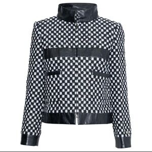 CHANEL Checkered Jacket and Skirt in Black and White with Lamb Leather Accents